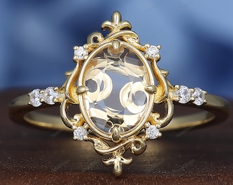 Solid Gold Oval Cut Moissanite Cancer Zodiac Wedding Promise Ring Jewelry Gift For Lover