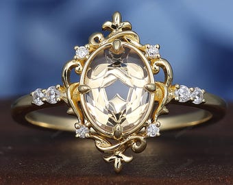 Classic Filigree Oval Cut Gemini Zodiac Moissanite Diamond Wedding Anniversary Bithday Ring Astrology Ring
