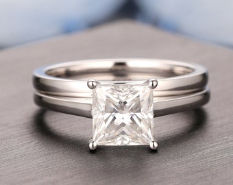 Hidden Halo Princess Cut Lab Grown Diamond Engagement Ring Set, 14K Solid Gold 1/2 to 3 ct Lab Grown Diamond Bridal Set Ring Piain Gold Band