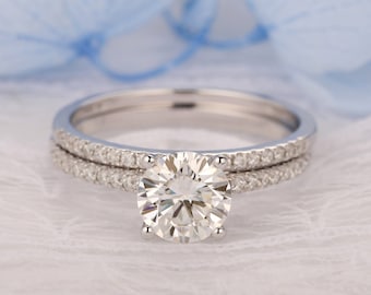 Art Deco Bridal Set, Round Cut 7mm Moissanite Engagement Ring, Pave Set Simulated Diamond Wedding Ring Set, White Gold Stackable Ring Set