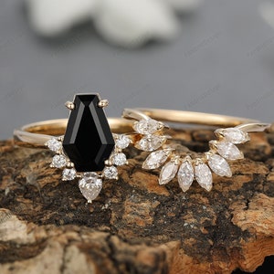 Coffin Cut Natural Black Onyx Women Bridal Ring Set, 14K Gold Engagement Ring Set, Tiara Curved Diamond Ring Wedding Band Moissanite Ring