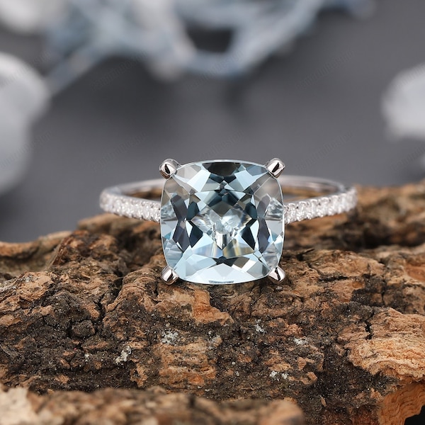 3.5CT 9mm Cushion Cut Natural Aquamarine Proposal Ring, Blue Gemstone Women's Ring, 14k Solid Gold Aquamarine Ring, Antique  Engagement Ring