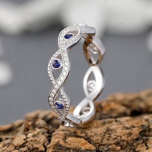Sapphire and Moissanite Wedding Band, Rose Gold  September Birthstone Ring Vintage Stacking Band, Daily Blue Sapphire Ring, Anniversary Gift