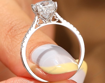 Antique Tapered Band 7.5mm 2.0CT Cushion Cut Moissanite Diamond Engagement Ring Solid White Gold Hidden Halo Heart Filigree Design Jewelry