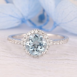 Handcrafted Engagement Wedding Ring, 1.00 Carat Round Cut 6.5mm Natural Aquamarine Ring, 14k White Gold Gemstone Ring, March Birthstone Ring 14K White Gold