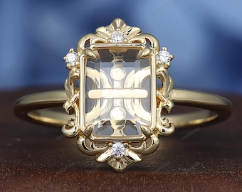 Yellow Gold Vintage Pisces Zodiac Emerald Cut 6x8mm Moissanite Wedding Anniversary Ring for Lover