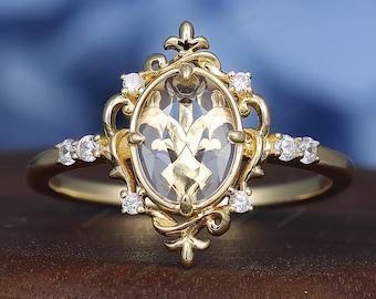 Solid Gold Aries Ring Oval Shaped Moissanite Diamond Zodiac Astrology Jewelry Engagement Ring