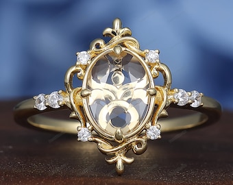 14k Solid Gold Taurus Zodiac Promise Ring, Antique Oval Cut Moissanite Astrology Symbol Jewelry