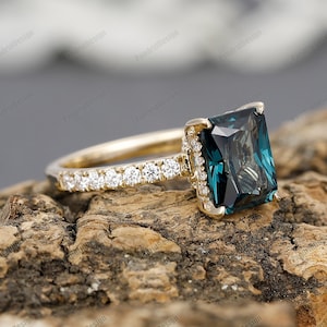 Kralle Prong Set 6 x 8 mm 2.0CT strahlender Schnitt Teal Sapphire Verlobungsring Vintage Solid Gold Einzigartige Diamant Cluster Pfau Saphir Ehering