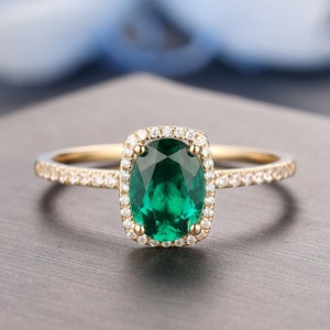 Art Deco Halo Wedding Ring 6x8mm Oval Cut Lab Created Emerald - Etsy