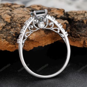 Antique Filigree Princess Cut 5mm Teal Sapphire Womne Ring, White Gold Art Deco Peacock Teal Sapphire Engagement Ring, Wedding Gold Ring Her