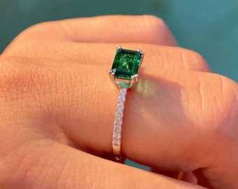 Art Deco Engagement Ring, 5x7mm Emerald Cut Lab Created Emerald Ring, Vintage Ring, 14K Rose Gold Ring, Half Eternity Simulated Diamond Ring
