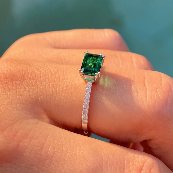 Art Deco Engagement Ring, 5x7mm Emerald Cut Lab Created Emerald Ring, Vintage Ring, 14K Rose Gold Ring, Half Eternity Simulated Diamond Ring