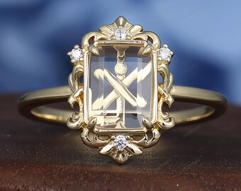 Solid Gold Unique Zodiac Birthstone Emerald Cut Mosisanite Birthday Ring Sagittarius Personalized Jewelry