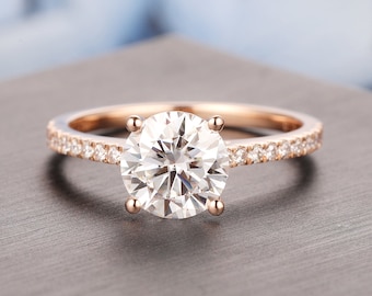 Moissanite Verlobungsring, Rundschliff 1-3ct Moissanite Diamantring, Art-Deco-Ehering, 14k Rose Gold Versprechensring, halbe Eternity Ring