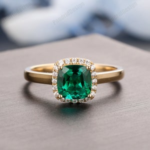 Halo 6mm Cushion Cut Emerald Ring, Vintage Emerald Wedding Ring, 14K Gold Emerald Ring, Emerald Ring For Women, Emerald Engagement Ring