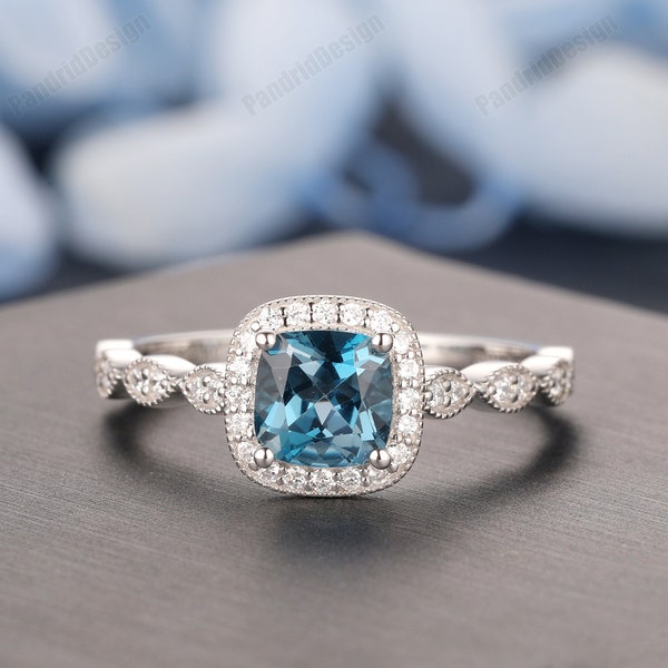 Topaz Engagement Ring, 6mm Cushion Cut Natural London Blue Topaz Ring, Art Deco Topaz Birthstone Ring, White Gold Topaz Anniversary Ring