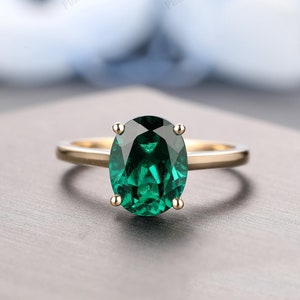 Oval Cut 7x9mm Emerald Ring, Prong Set Solitaire Oval Shape Emerald Wedding Ring, Solid Plain Gold Gemstone Ring, Emerald Engagement Ring