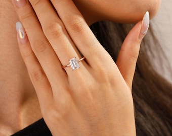 Elongated Emerald Cut Moissanite Engagement Ring Gold 4 Prong Hidden Halo Ring Ladies Jewelry