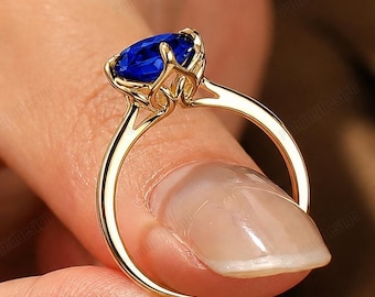 Oval Blue Sapphire Engagement Ring Nature Inspired Tulip Gold Wedding September Birthstone Bridal Ring
