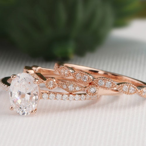 Art Deco Bridal Set Round Cut 7mm Simulated Diamond Ring - Etsy