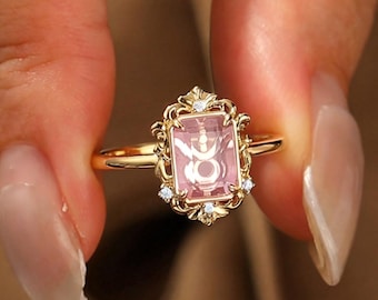 Womens Gift Emerald Cut Pink Sapphire Sep Birthstone Taurus Zodiac Promise Ring Bridal Jewelry