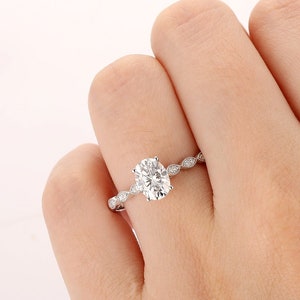 Engagement Ring, Oval Cut 6x8mm Moissanite Diamond Ring, Milgrain Marquise Shape Band Design Moissanite Accents Ring,Women&#39;s Daily Gold Ring