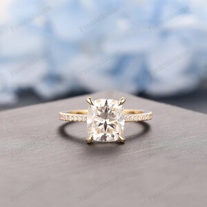 Long Cushion Cut 7x8mm 2.00CT Moissanite Ring, Pave Set Moissanite Wedding Ring, 14k Gold Minimalist Ring, Simulated Diamond Engagement Ring image 8