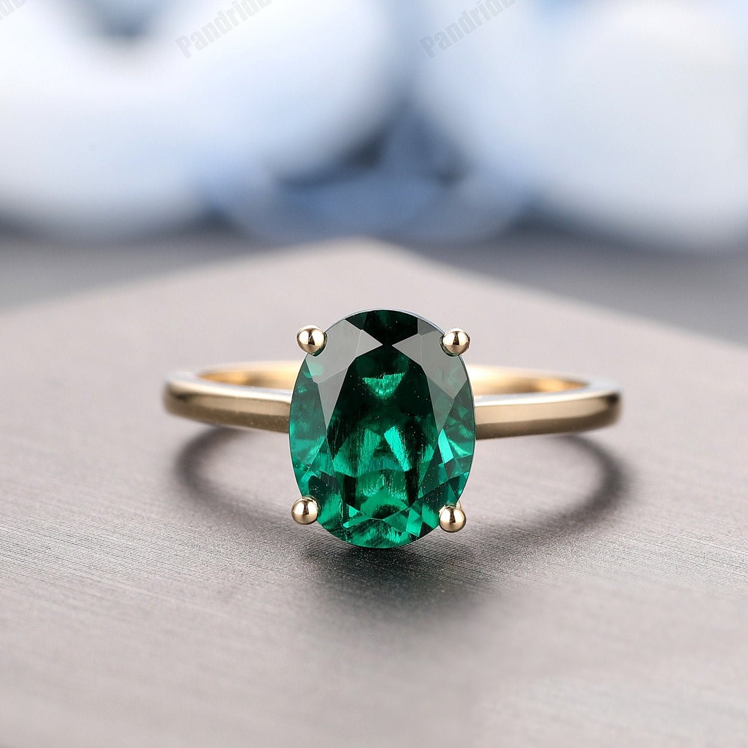 Oval Real Emerald Rings Natural Emerald Solitaire Ring In Solid - Main Image