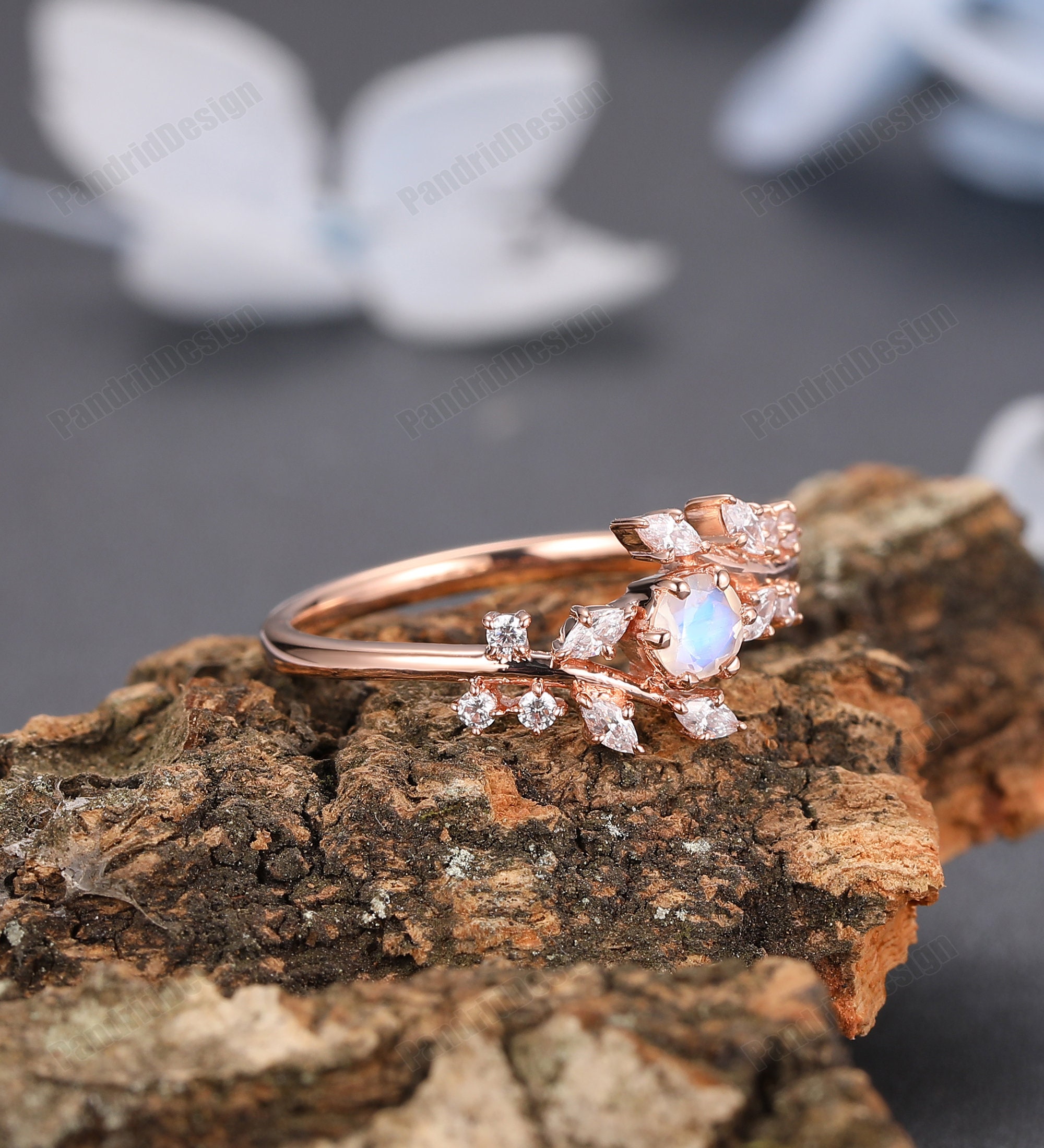 Moonstone Ring, Leaf Shape Moonstone Proposal Ring Gold, Vintage