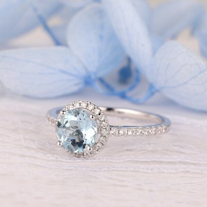 Handcrafted Engagement Wedding Ring, 1.00 Carat Round Cut 6.5mm Natural Aquamarine Ring, 14k White Gold Gemstone Ring, March Birthstone Ring image 6