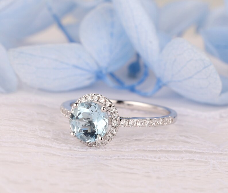 Handcrafted Engagement Wedding Ring, 1.00 Carat Round Cut 6.5mm Natural Aquamarine Ring, 14k White Gold Gemstone Ring, March Birthstone Ring image 6