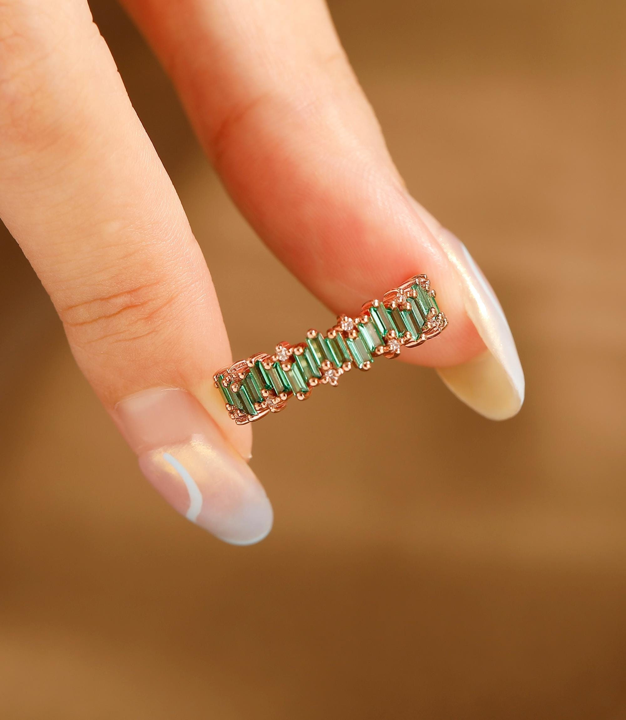 Cluster Green Emerald Wedding Band Stacking Ring Delicate Promise Ring Rose Gold Eternity Baguette Emerald Diamond Ring Valentines Gift Ring