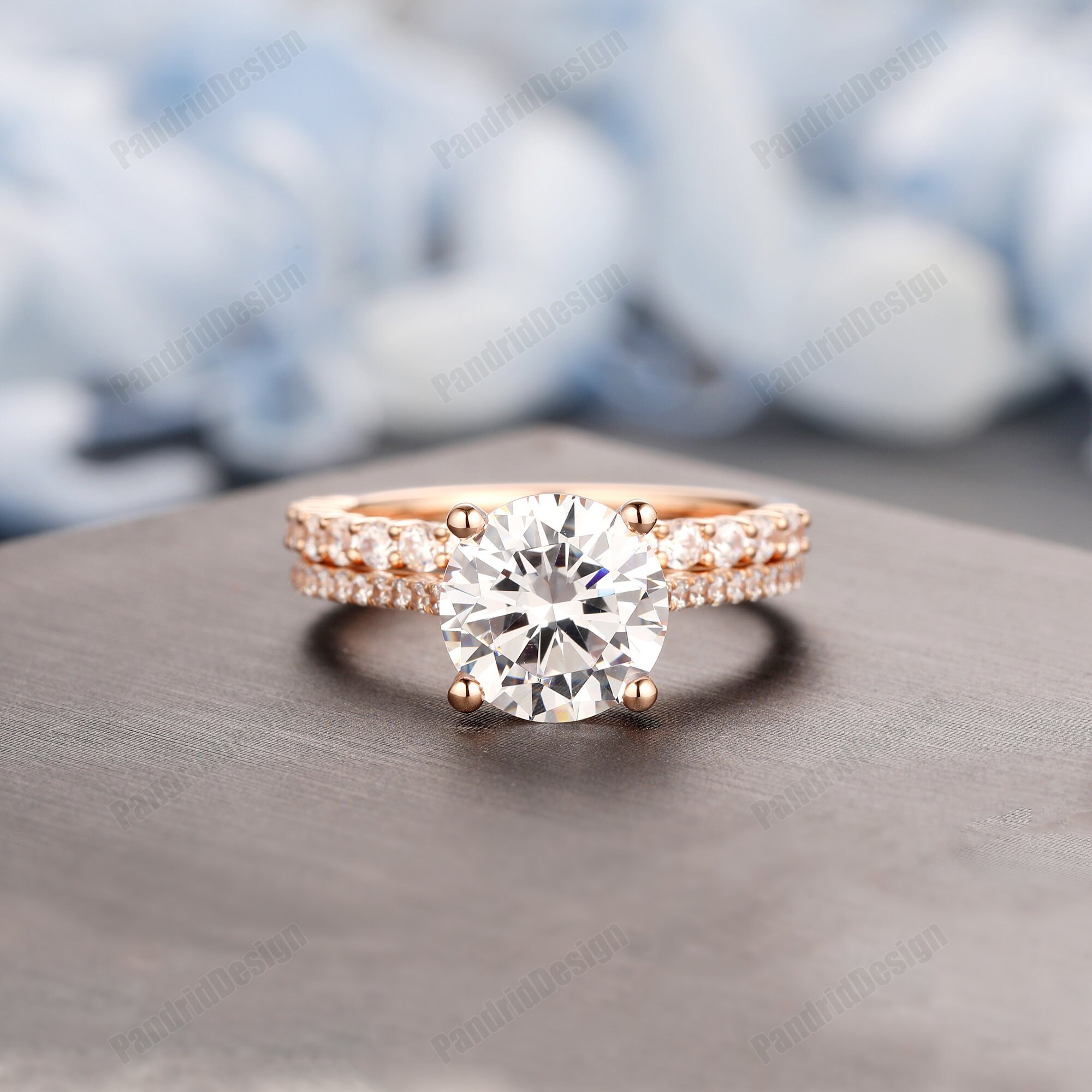 Art Deco Bridal Set 3ct Round Cut 9mm Moissanite Engagement Etsy