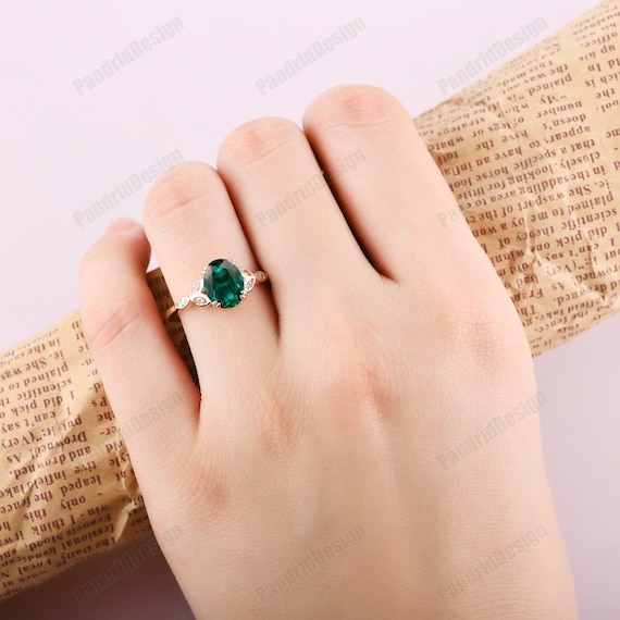 Emerald Ring Vintage Unique Oval Emerald Engagement Ring Set Rose Gold Halo Diamond  Ring for Women Marquise Milgrain Wedding Ring Set Band - Etsy
