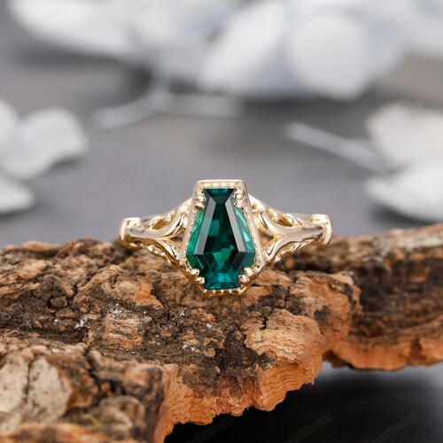 Unique Green Gemstone Promise Ring, Antique 7x10mm Coffin Shape Emerald Engagement Ladies Ring