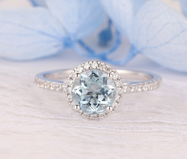 Handcrafted Engagement Wedding Ring, 1.00 Carat Round Cut 6.5mm Natural Aquamarine Ring, 14k White Gold Gemstone Ring, March Birthstone Ring 14K White Gold