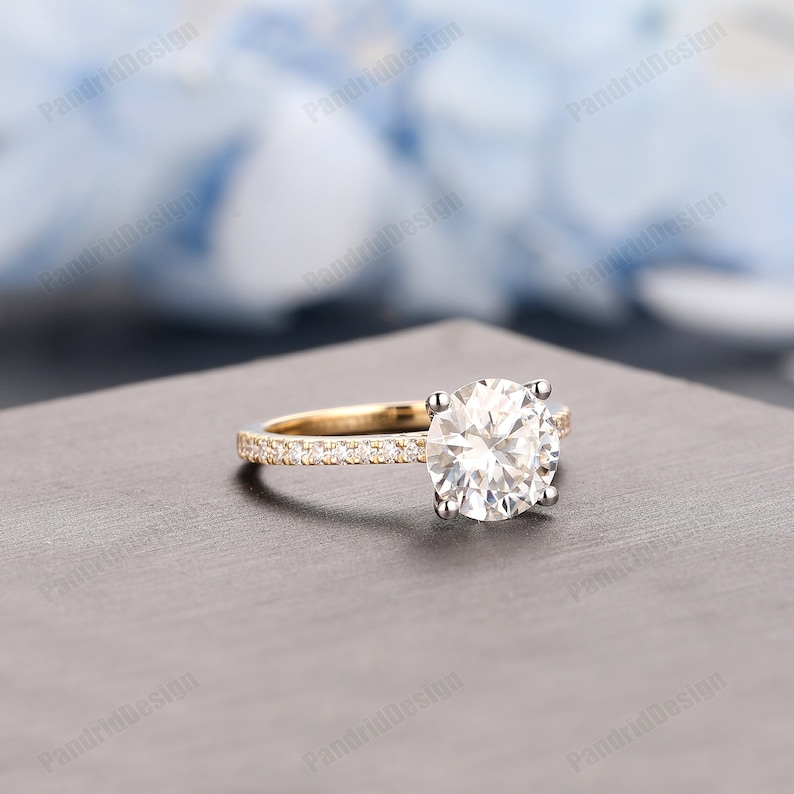 Double Tone Gold Moissanite Engagement Ring Vintage Half Eternity Moissanite Wedding Ring 1.25CT Round 7mm Simulated Diamond Promise Ring