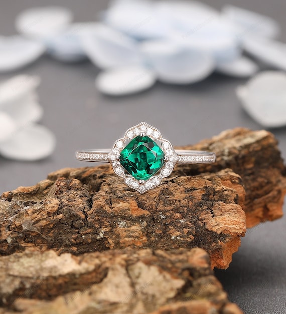 14k White Gold 9mm Cushion Cut Created Emerald & Diamond Halo-Style Ring 14k White Gold 9mm Cushion Cut Created Emerald & Diamond Halo-Style Ring