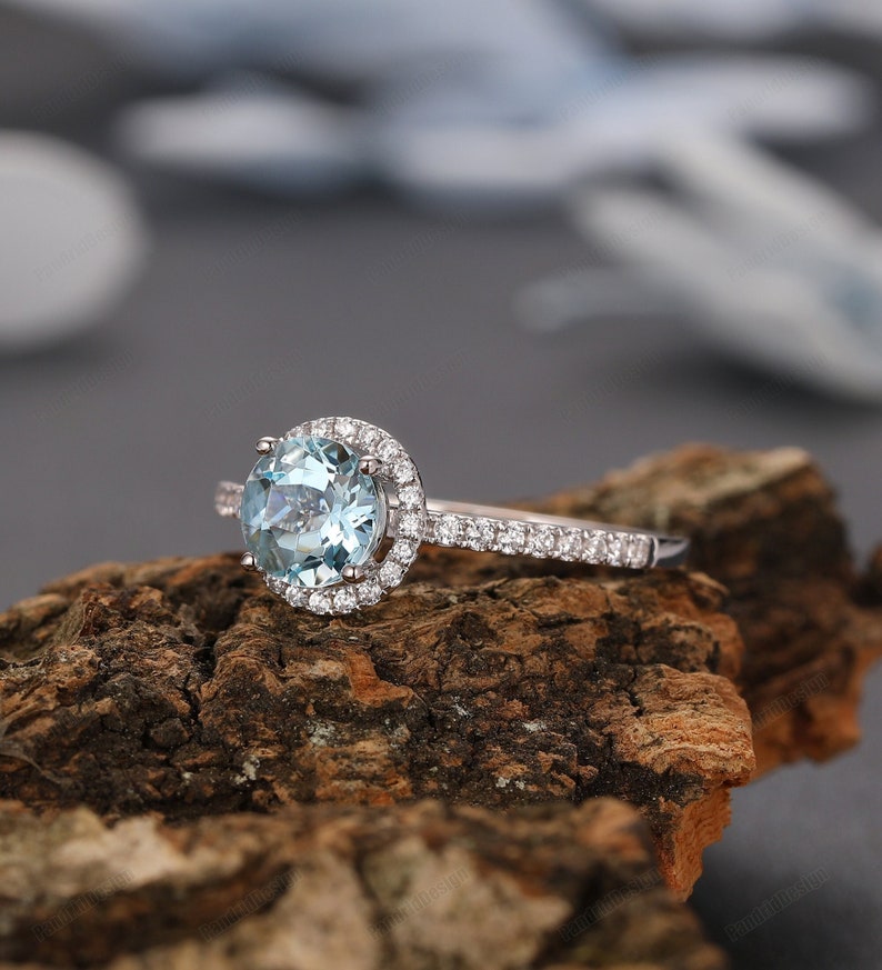 Handcrafted Engagement Wedding Ring, 1.00 Carat Round Cut 6.5mm Natural Aquamarine Ring, 14k White Gold Gemstone Ring, March Birthstone Ring image 1