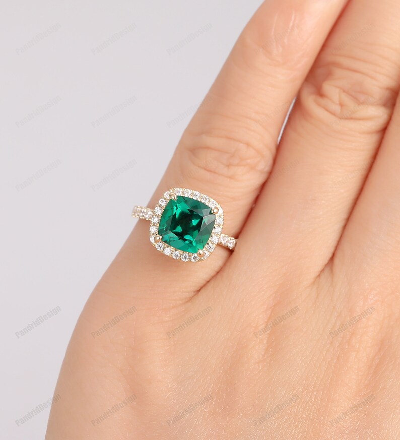 2.0CT 7.5mm Cushion Cut Emerald Green Engagement Ring Rose Etsy