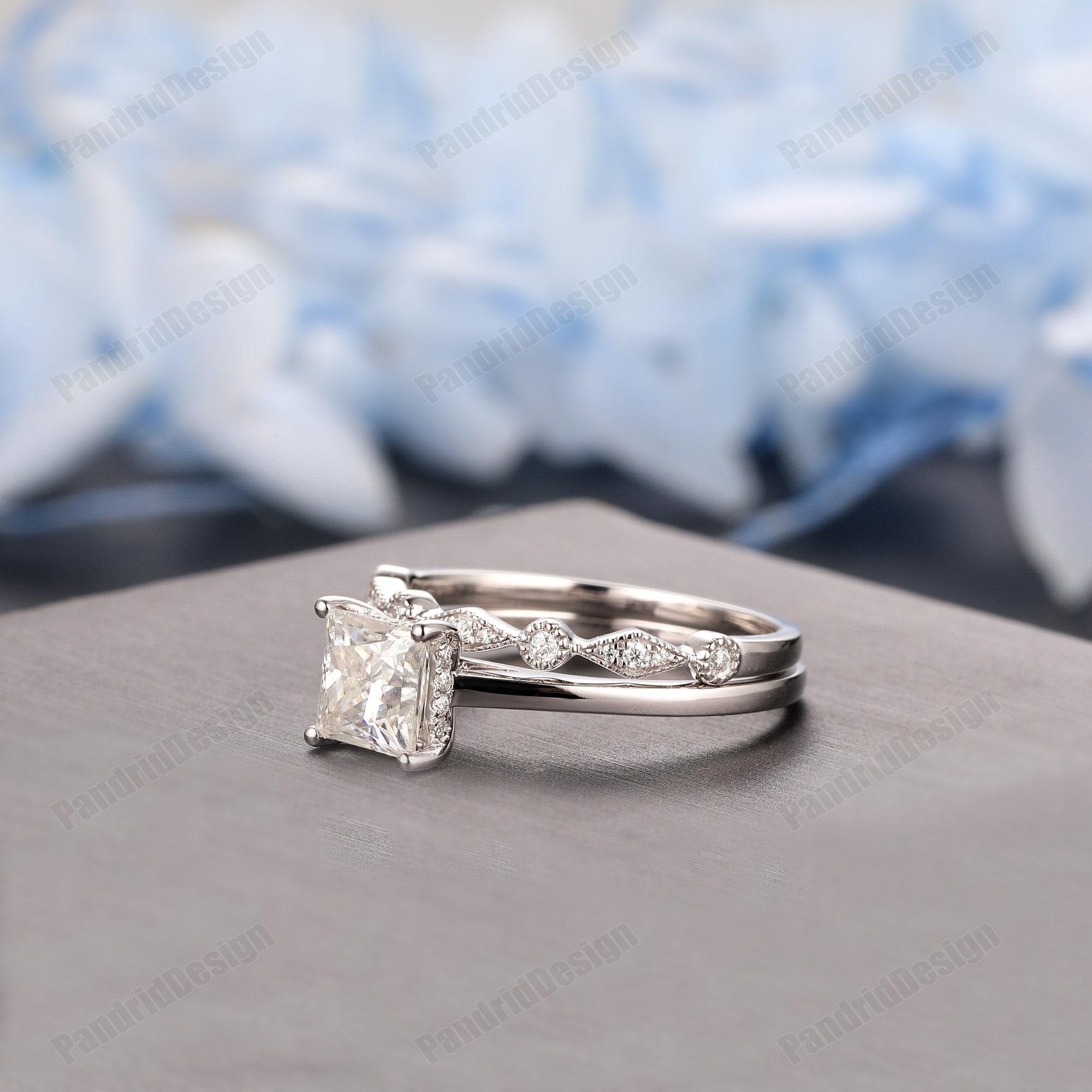 Art Deco Bridal Set, Princess Cut 6mm Simulated Diamond Moissanite Art Deco Bridal Set, Princess Cut 6mm Simulated Diamond Moissanite