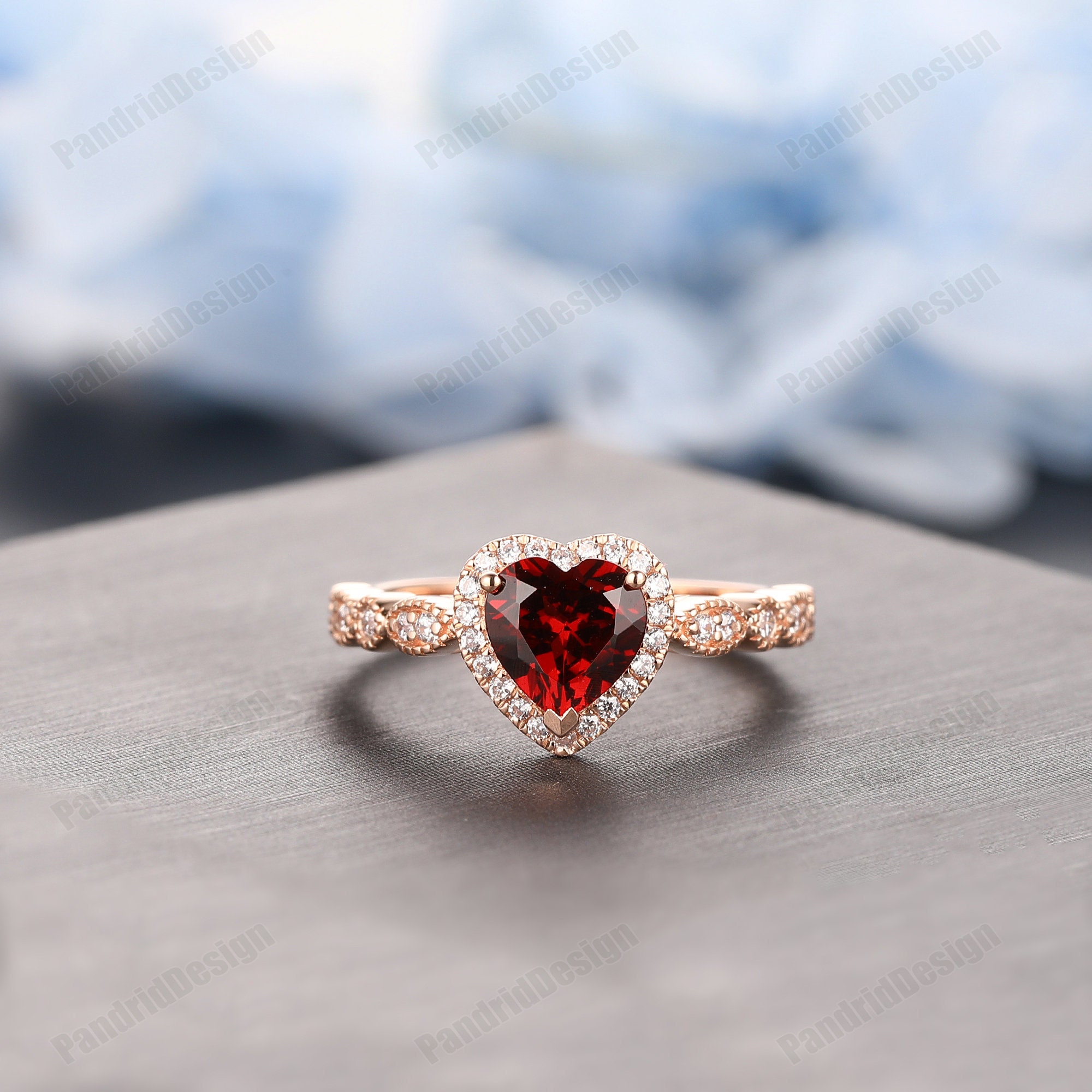 Halo Simulated Diamond Ring Heart Cut 5x7mm Red Garnet Ring | Etsy