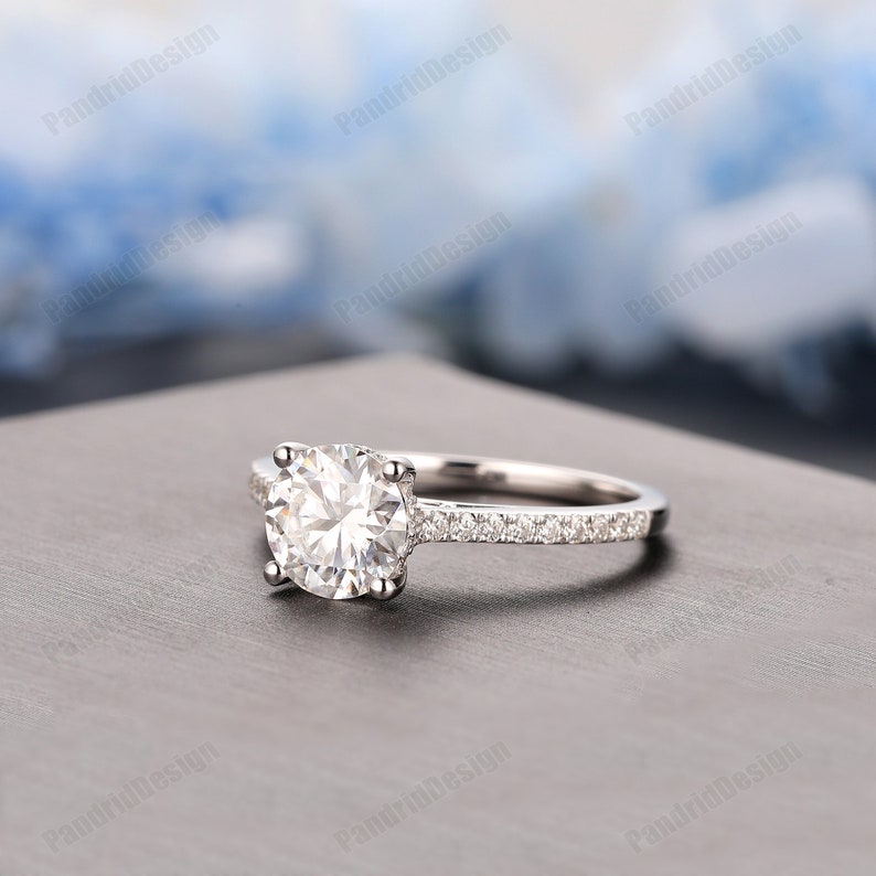 Vintage Hidden Halo Moissanite Ladies Ring, Anniversary Gift, 1.25CT Round 7mm Lab Diamond Wedding Ring, Simulated Diamond Engagement Ring image 2