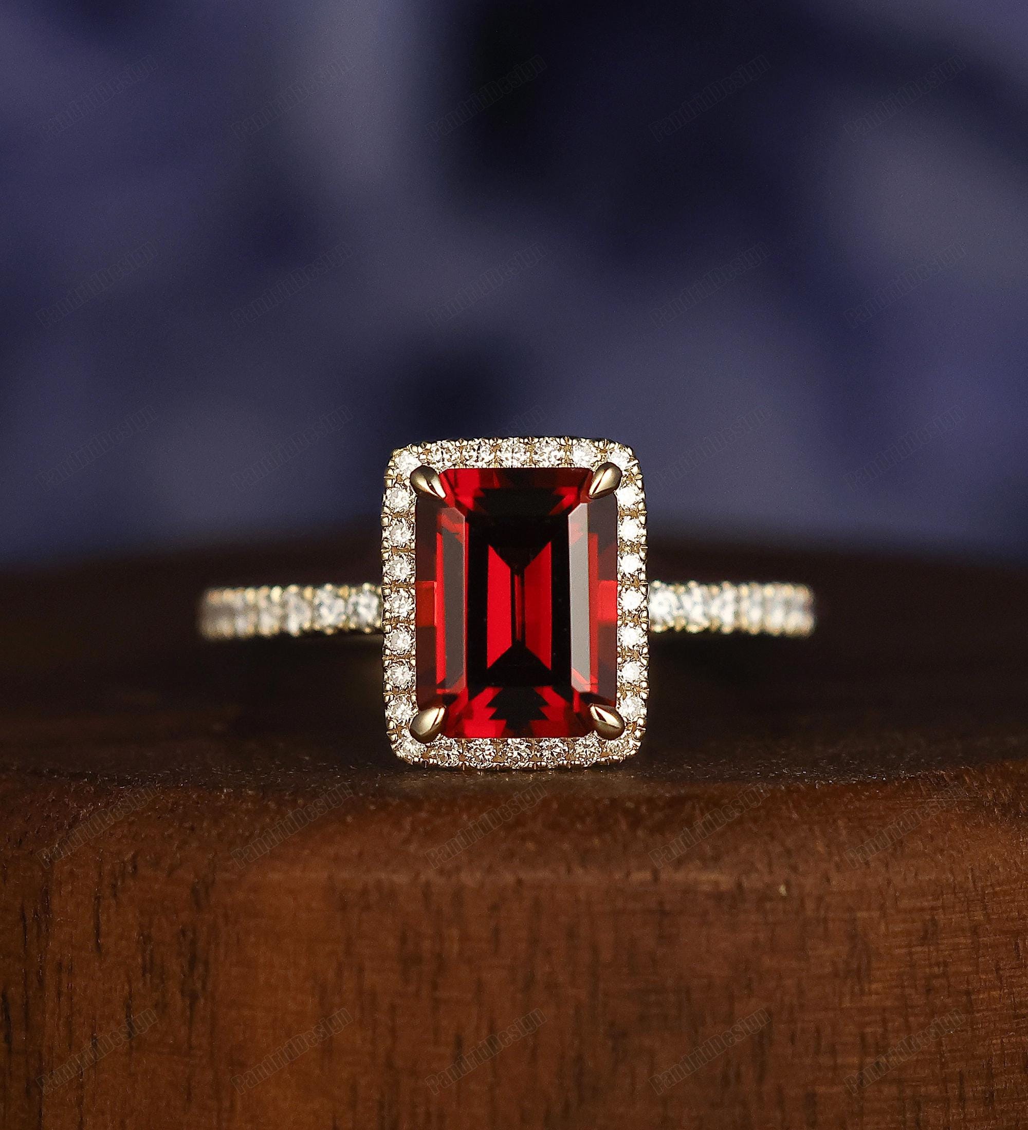 Antique Halo 2.00CT Emerald Cut 6x8mm Natural Red Garnet Jan