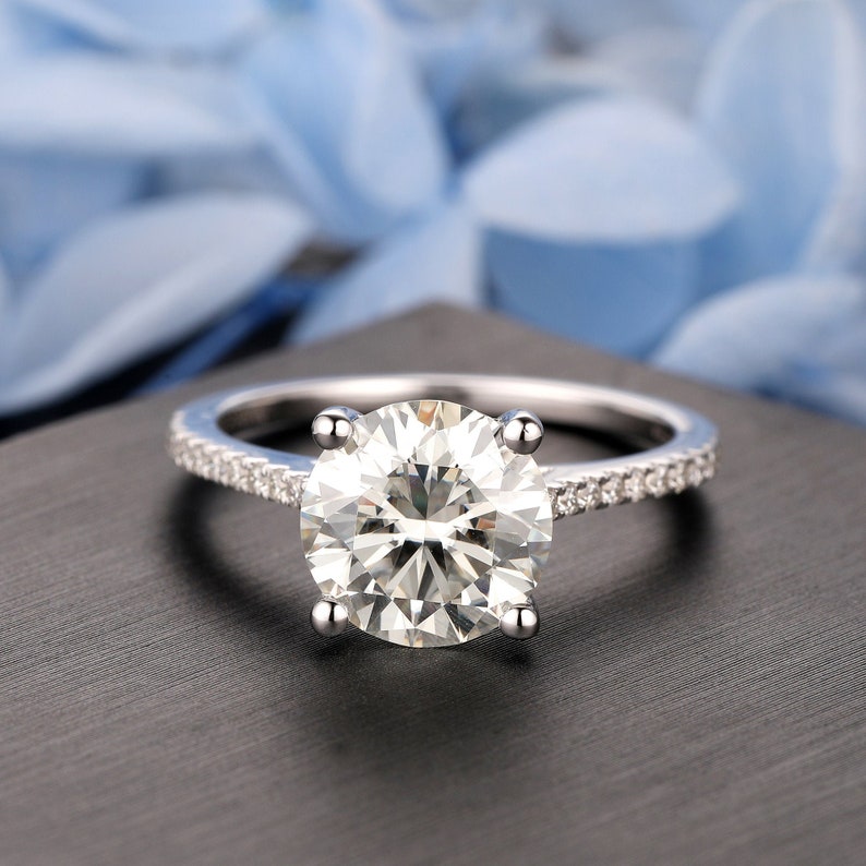 Half Eternity Lab Diamond Ring, 3CT Round Cut 9mm Moissanite Wedding Ring, Hidden Halo Moissanite Promise Ring, 14k Solid Gold Bridal Ring image 4