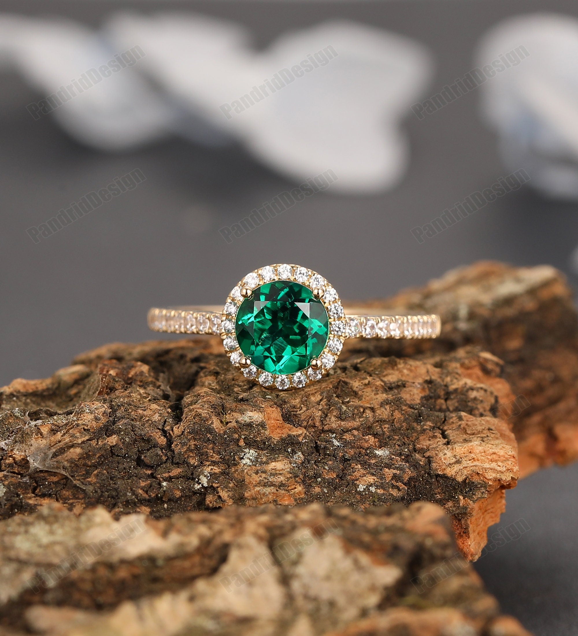 Emerald Engagement Ring, Women Emerald Ring, 6.5mm Round Cut Emerald Birthstone Ring, Emerald Promise Ring, Accents Ring, 14k Rose Gold Ring