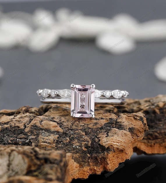 14k White Gold Natural Morganite Bridal Sets, Solitaire Danity