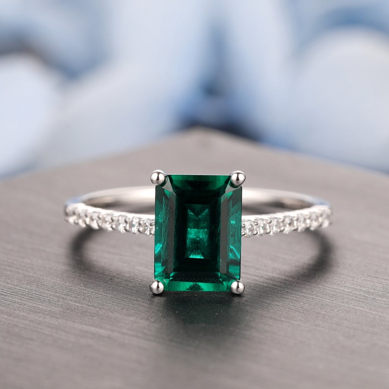 Gemstone Ring, 6x8mm Emerald Cut Lab Created Emerald Ring, Solid 14K ...