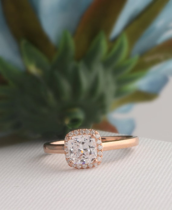 Halo Diamond Ring 1 1 Ct Cushion Cut 6mm Simulated Diamond Etsy